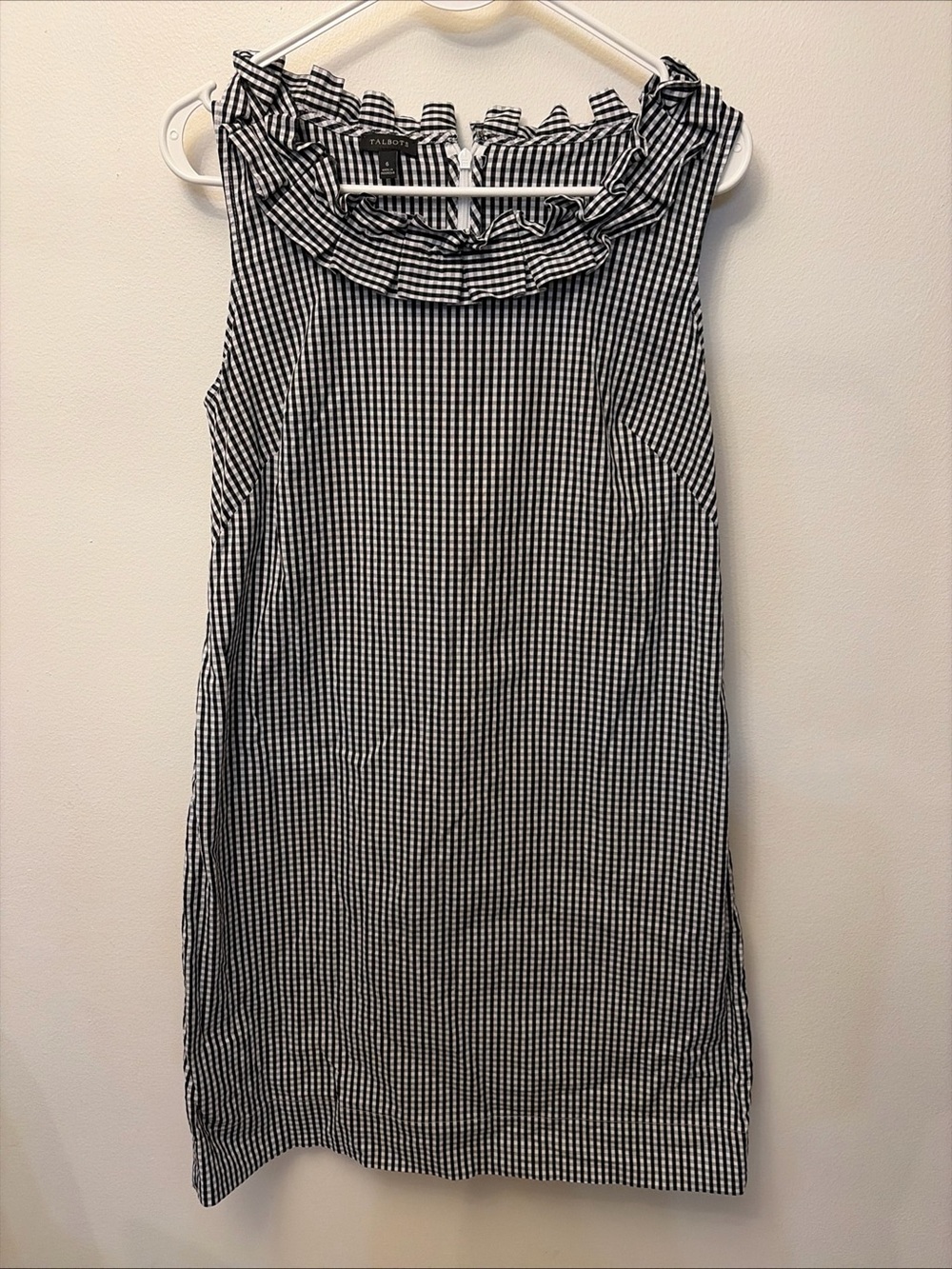 TALBOTS Black and White Gingham Ruffle-Neck Sleeveless Shift Dress Sz 6